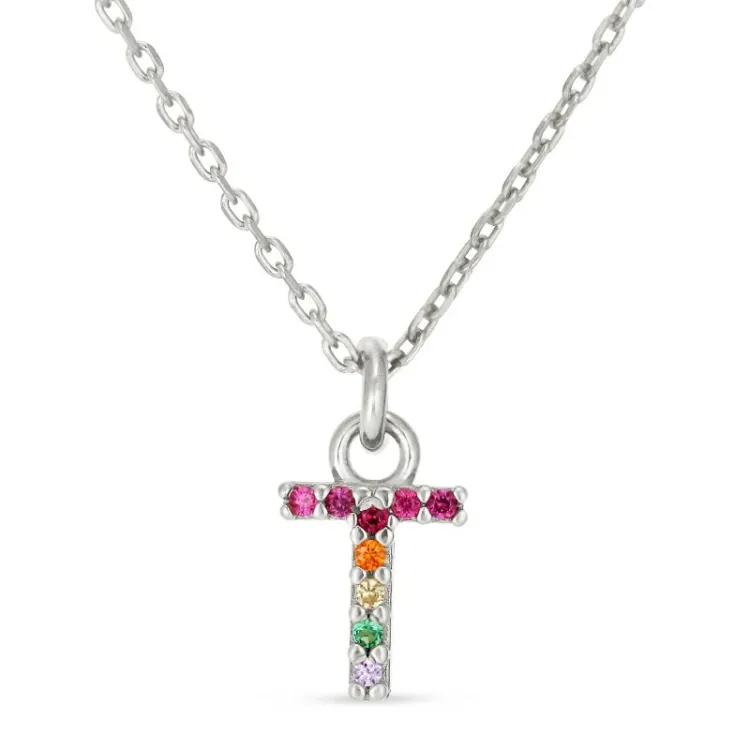 letter t veelkleurig zirkoon ketting in zilver - My Letter