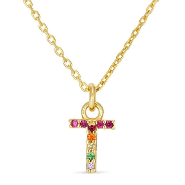 letter t veelkleurig zirkoon ketting in verguld sterlingzilver - My Letter