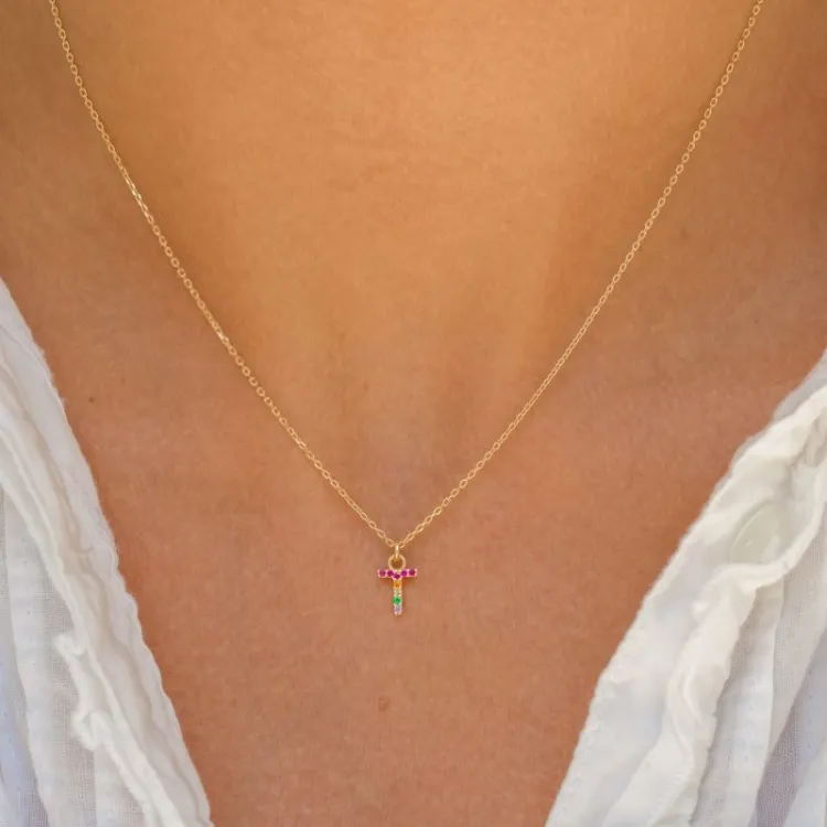 letter t veelkleurig zirkoon ketting in verguld sterlingzilver - My Letter