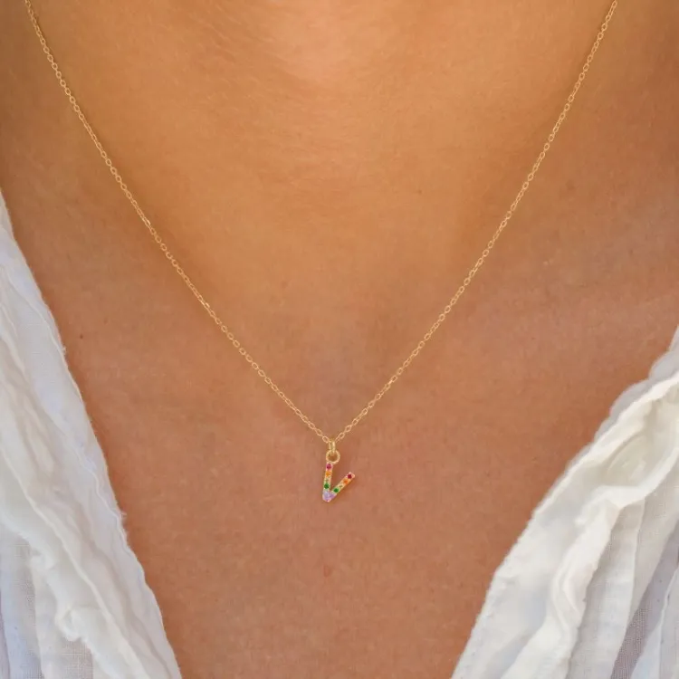 letter v veelkleurig zirkoon ketting in verguld sterlingzilver - My Letter