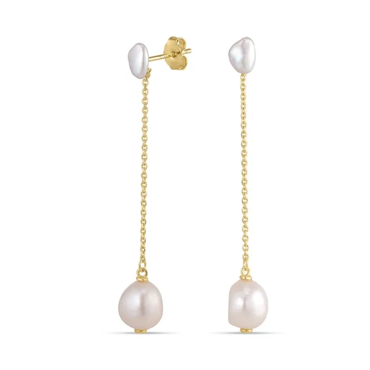 8 - 9 mm lange parel ketting oorbellen in verguld sterlingzilver