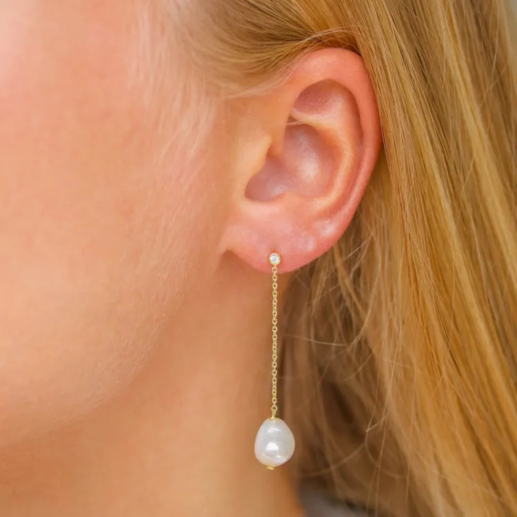 9-9,5 mm lange parel ketting oorbellen in verguld sterlingzilver