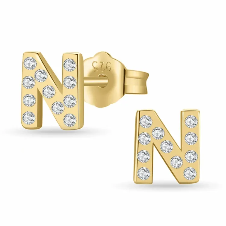 letter n zirkoon oorsteker in verguld zilver - My Letter