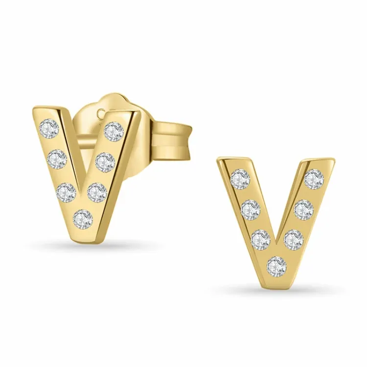 letter v zirkoon oorsteker in verguld zilver - My Letter