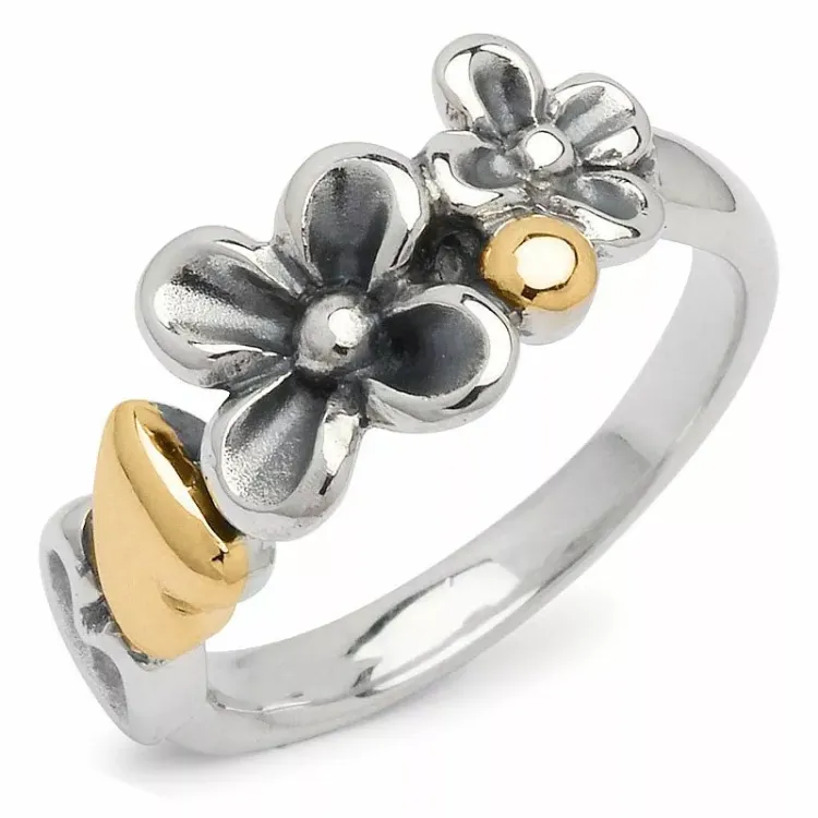 Bloem ring in geoxideerd sterlingzilver met verguld sterlingzilver