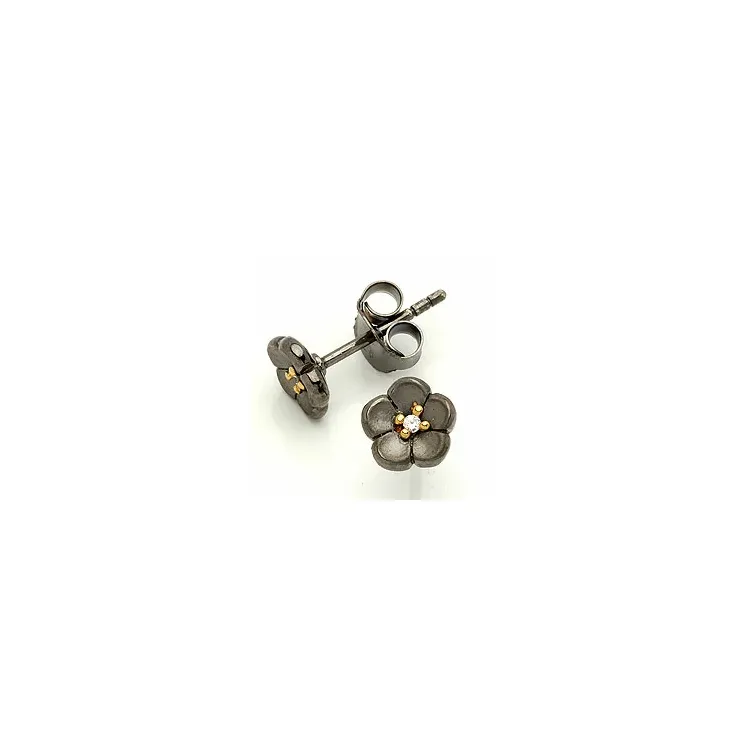 bloem oorsteker in zwart gerhodineerd zilver met verguld sterlingzilver met verguld sterlingzilver