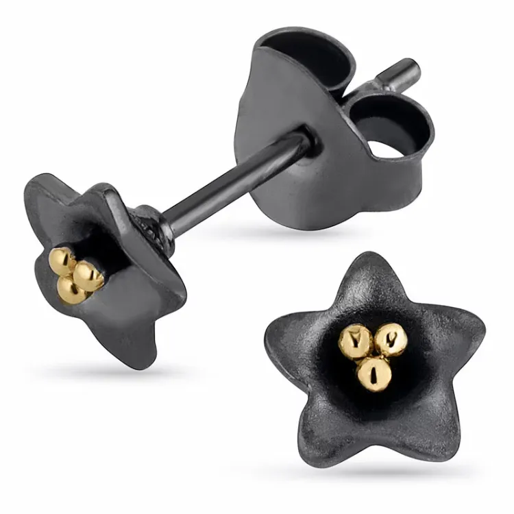 Bloemen oorbellen in geoxideerd sterlingzilver met verguld sterlingzilver