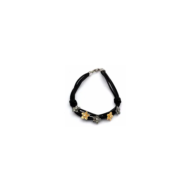 zwart kinder armband in leren met bloemen hanger in zilver en verguld zilver