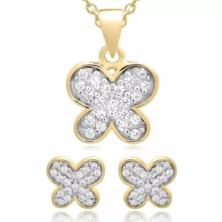 Vlinder set met oorbellen en ketting in verguld sterlingzilver witte zirkoon