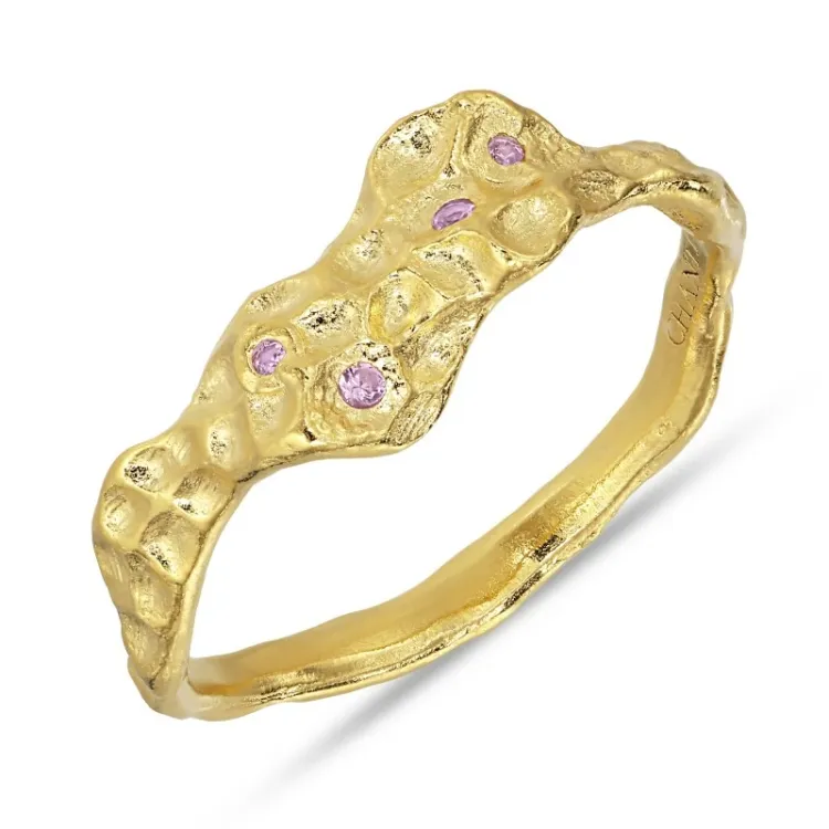 pink zirkoon ring in verguld sterlingzilver - Lumé Etched