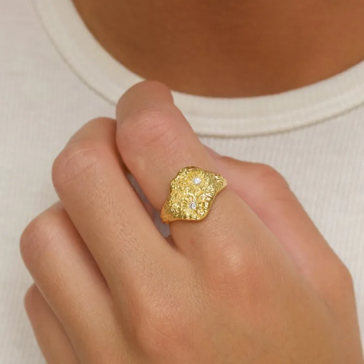 zirkoon ring in verguld sterlingzilver - Lumé Etched