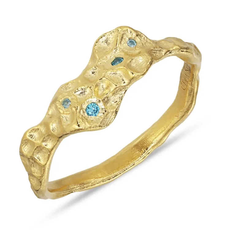 blauwe zirkoon ring in verguld messing - Lumé Etched