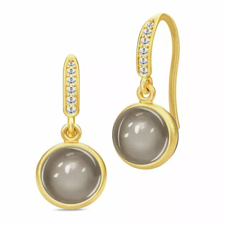 Julie Sandlau Luna rond maansteen oorbellen in verguld sterlingzilver grijs maansteen witte zirkoon