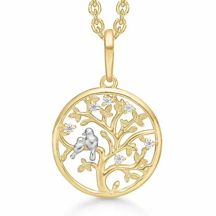 verzamelmonster Kranz en Ziegler boom van het leven ketting met hanger in 8 karaat goud witte zirkoon