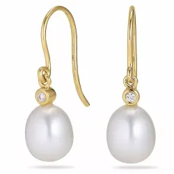 Ovaal 8 - 9 mm aaa-graded zoetwaterparel oorbellen in 14 karaat goud met diamanten 