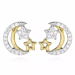 maan en ster witte zirkoon oorsteker in gerodineerd zilver met verguld sterlingzilver