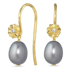 bloem grijs parel oorbellen in verguld zilver