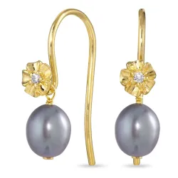 bloem grijs parel oorbellen in verguld zilver