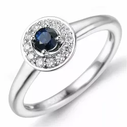 rond saffier diamant ring in 14 karaat witgoud 0,30 ct 0,13 ct