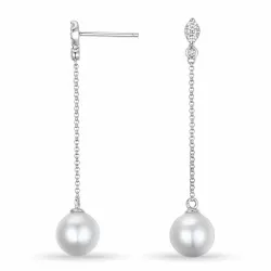 lange parel briljant oorbellen in 14 karaat witgoud met diamant 