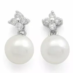 bloem parel diamant oorbellen in 14 karaat witgoud met diamant 