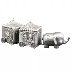 Geboortegeschenken: olifant met twee rijtuigen eerste tand-haarlok in vertind  model: 154-73131