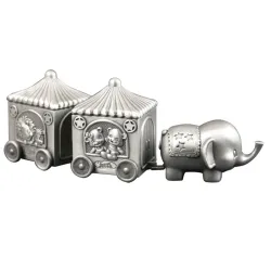 Geboortegeschenken: olifant met twee rijtuigen eerste tand-haarlok in vertind  model: 154-73131