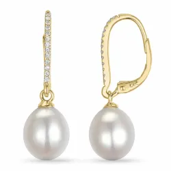 lange parel creool in 14 karaat goud met diamant 