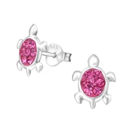 schildpad pink kristal oorbellen in zilver - Little Ones