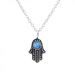 Hamsa hand blauwe opaal hanger met ketting in zilver