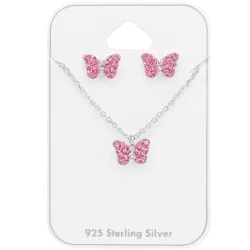 vlinder roze set met oorbellen en ketting in zilver - Little Ones