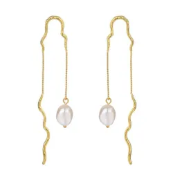 Nava Raja  lange parel ketting oorbellen in verguld sterlingzilver