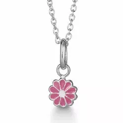 Aagaard bloem hanger met ketting in zilver roze emaille witte emaille