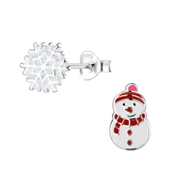 sneeuwpop emaille kinder oorbellen in zilver - Little Ones