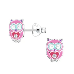 uil pink kinder oorbellen in zilver - Little Ones