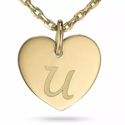 Letter u ankerketting in verguld sterlingzilver met hartjes hanger in 9 karaat goud