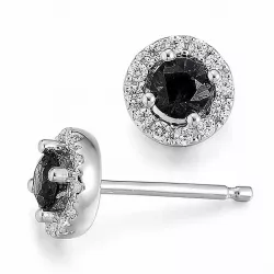 rond zwart diamant briljant oorbellen in 14 karaat witgoud met diamant en zwart diamant 