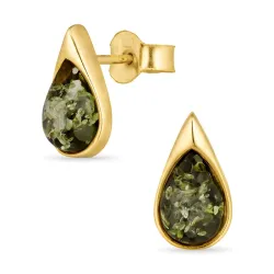 druppel groene barnsteen oorsteker in verguld zilver