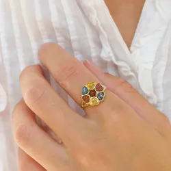 bloem veelkleurig barnsteen ring in verguld sterlingzilver