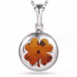 klavertje vier barnsteen ketting in zilver met hanger in zilver