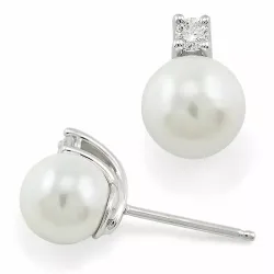 parel diamant oorbellen in 9 karaat witgoud met diamant 