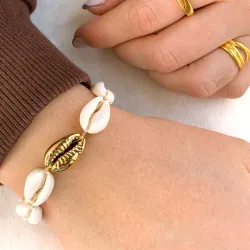 verguld shell armband in zijden koord 17 cm plus 4 cm x 14,5 mm