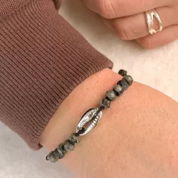 grijs opaal mossel armband in zijden koord 17 cm plus 4 cm x 10 mm