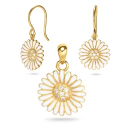 margriet Set met oorbellen en hangers in verguld sterlingzilver witte zirkoon witte emaille - Matilda