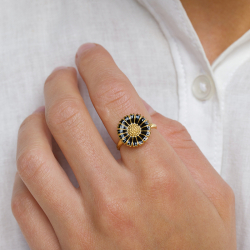 14 mm margriet zwart ring in verguld sterlingzilver