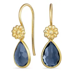 druppel blauwe kristal oorhaakjes in verguld zilver