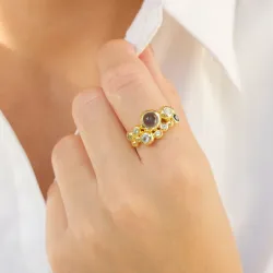 blauwe ring in verguld messing - Bubbly Twist