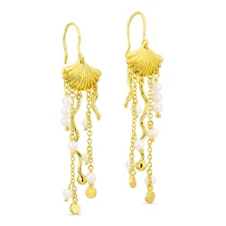 lange witte parel ketting oorbellen in verguld messing - Eliné