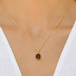 rookkleurige kwarts ketting met hanger in verguld messing - Eliné