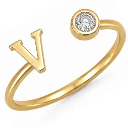 letter v zirkoon ring in verguld messing - My Letter